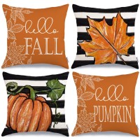 Geeory Fall Decorative Throw Pillow Covers 18 X 18 Inch Set Of 4 Hello Pumpkin Maple Leaves Stripes Fall Decor Outdoor Farmhous