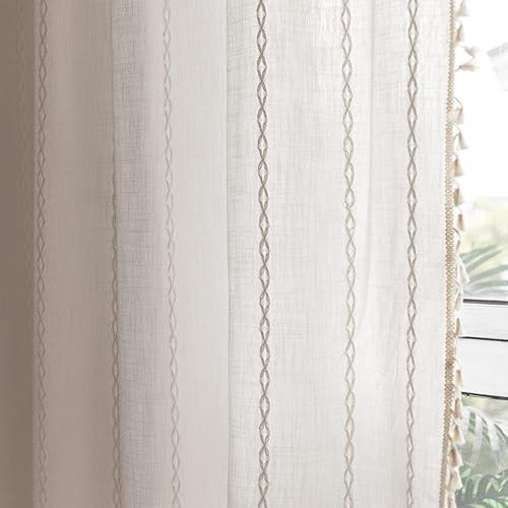 Deeprove White Boho Curtains 108 Inches Long For Bedroom Balcony Courtyard Hall Decor  Bohemian Embroidery Cream Cotton Linen French Country Window Treatment Tassel Drape  W52 X L108  1 Panel