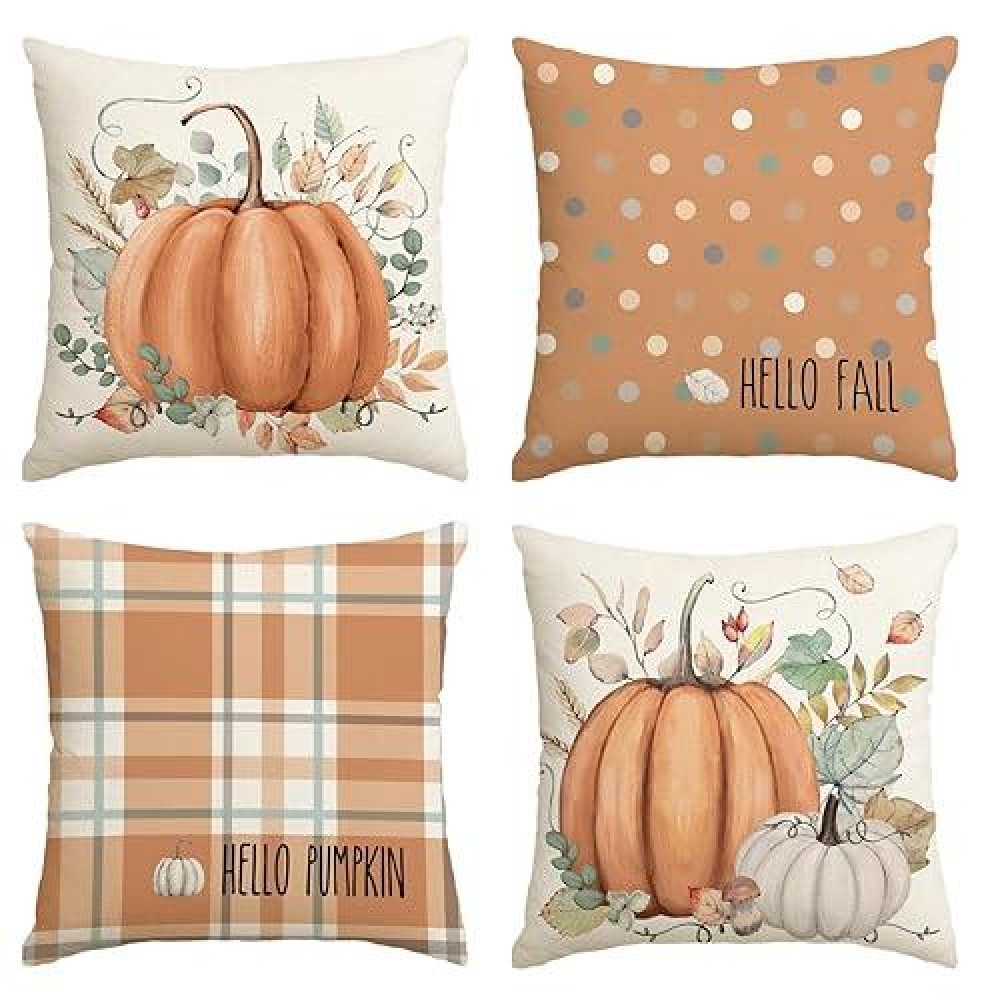 Avoin Colorlife Hello Fall Hello Pumpkin Throw Pillow Covers  20 X 20 Inch Autumn Thanksgiving Harvest Orange Eucalyptus Decorations For Sofa Couch Set Of 4