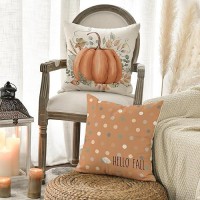 Avoin Colorlife Hello Fall Hello Pumpkin Throw Pillow Covers  20 X 20 Inch Autumn Thanksgiving Harvest Orange Eucalyptus Decorations For Sofa Couch Set Of 4