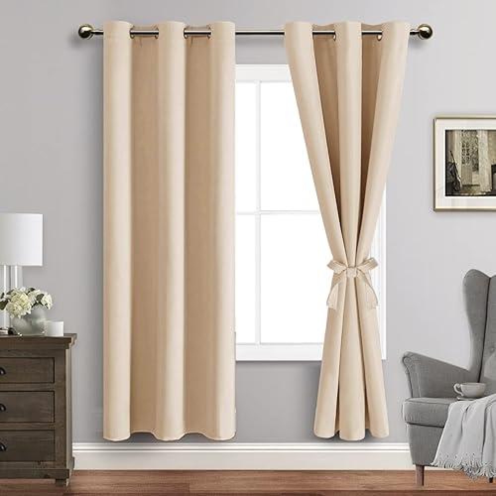 Jiuzhen Beige Blackout Curtains For Bedroom Light Blocking And Noise Reducing Grommet Curtains For Living Room Darkening Curta