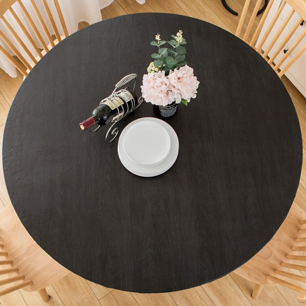 Liberecoo Round Vinyl Fitted Tablecloth With Flannel Backing Elastic Edge Plastic Table Cover - Black Wood - Waterproof Table Cloth Stain-Resistant Wipeable For 45