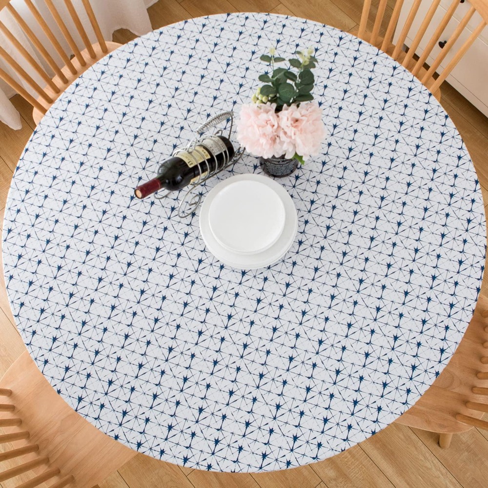 Liberecoo Round Fitted Vinyl Tablecloth Waterproof Elastic Edged Table Cloth - Geometric Lines -Stain-Resistant Wipeable Plastic Table Covers For 40