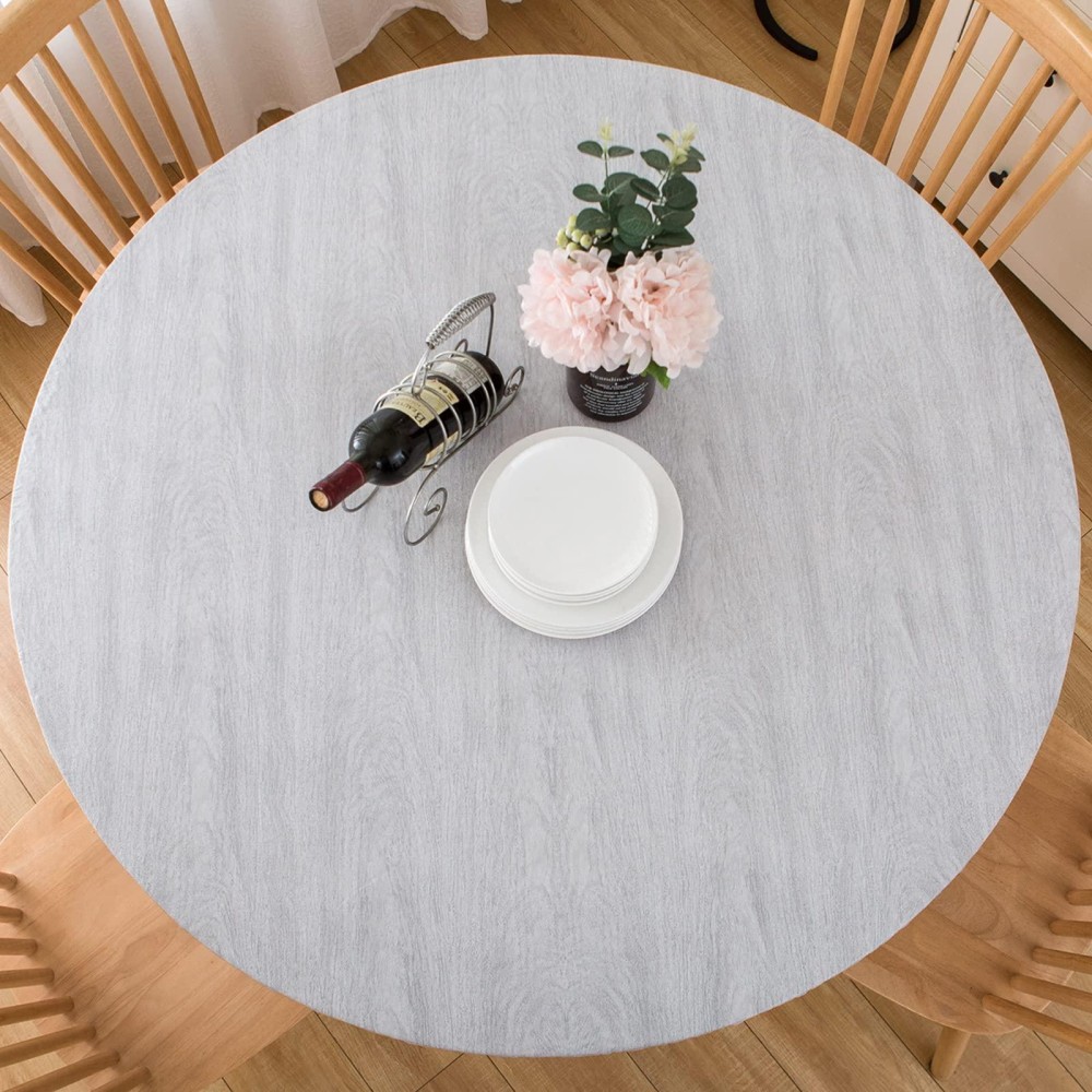 Liberecoo Round Vinyl Fitted Tablecloth With Flannel Backing Elastic Edge Plastic Table Cover - Weather Gray Wood - Waterproof Table Cloth Stain-Resistant Wipeable For 40