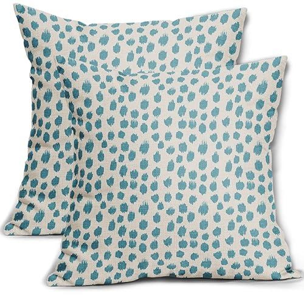 Aqua Cream Pillow Covers 18X18 Set Of 2 Boho Design Polka Dot Throw Pillows Modern Brush Strokes Print Decorative Outdoor Pillow