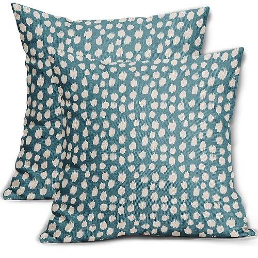 Dusty Blue Cream Pillow Covers 16X16 Set Of 2 Boho Design Polka Dot Throw Pillows Modern Brush Strokes Print Decorative Outdoor