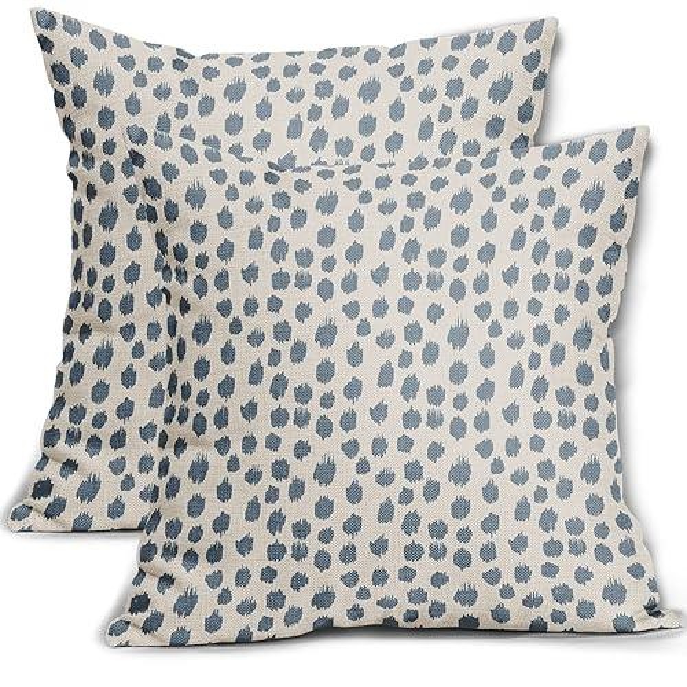 Dusty Blue Cream Pillow Covers 18X18 Set Of 2 Boho Design Polka Dot Throw Pillows Modern Brush Strokes Print Decorative Outdoor