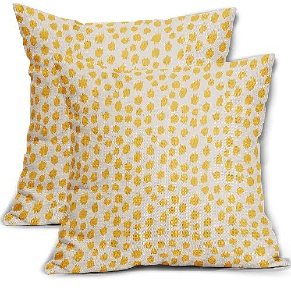 Yellow Cream Pillow Covers 16X16 Set Of 2 Boho Design Polka Dot Throw Pillows Modern Brush Strokes Print Decorative Outdoor Pill