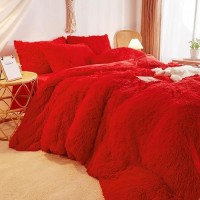 Haihua Red Fluffy Twin Comforter Cover Set Faux Fur Red Girls Bedding 2 Pieces 1 Plush Twin Duvet Cover 1 Faux Fur Pillowcases