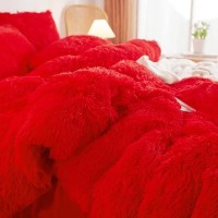 Haihua Red Fluffy Twin Comforter Cover Set Faux Fur Red Girls Bedding 2 Pieces 1 Plush Twin Duvet Cover 1 Faux Fur Pillowcases