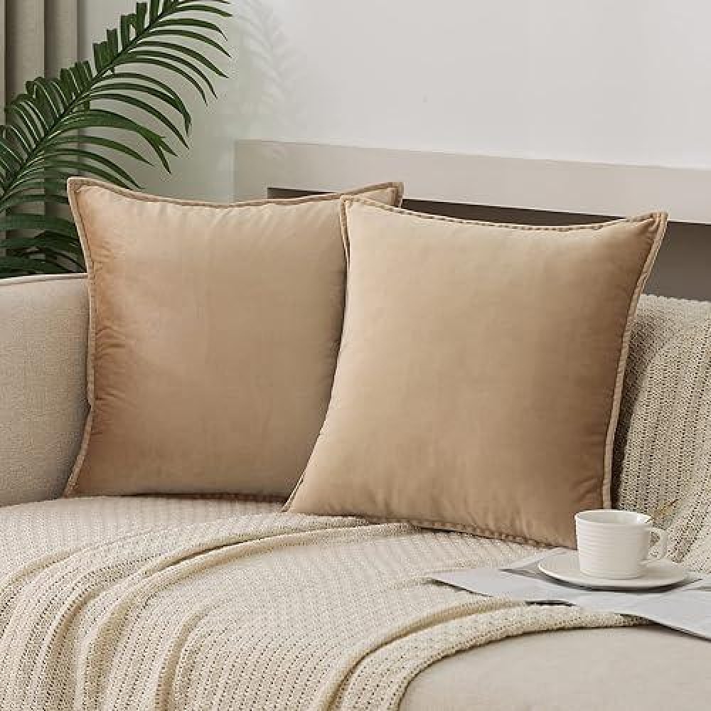 Jiahannha Velvet Khaki Throw Pillow Covers 24X24 Inches Pack Of 2 Soft Decorative Square Cushion Covers For Couch Sofa Bed Livin