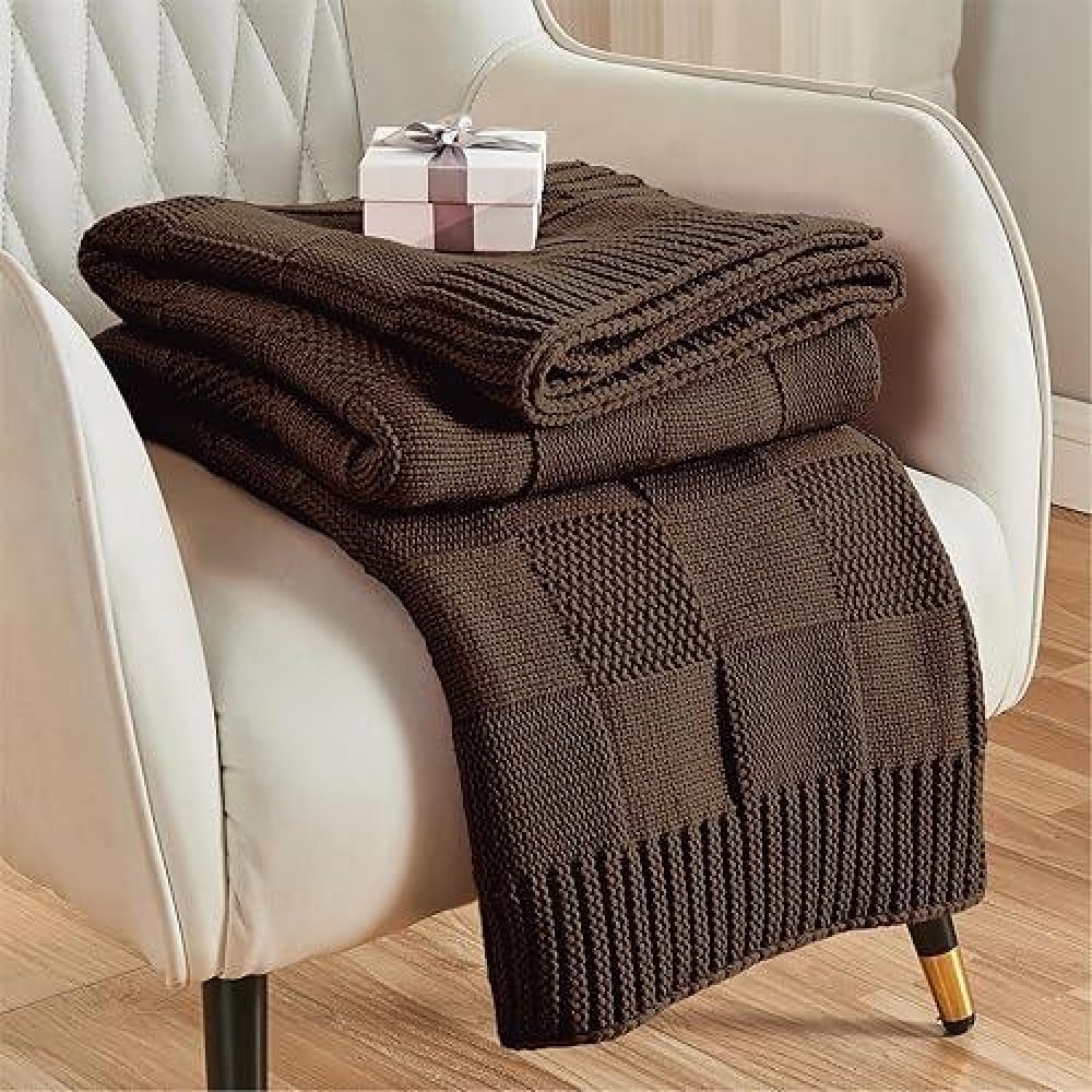 Cozecube Knit Throw Blanket Brown Checkered Throw Blanket For Couch Soft Cozy Warm Knitted Throw Blanket For Bed Sofa Living R