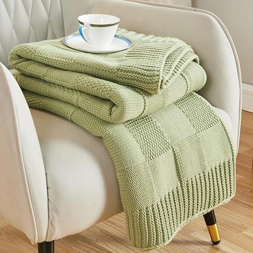 Cozecube Knit Throw Blanket Sage Green Checkered Throw Blanket For Couch Soft Cozy Warm Knitted Throw Blanket For Bed Sofa Liv