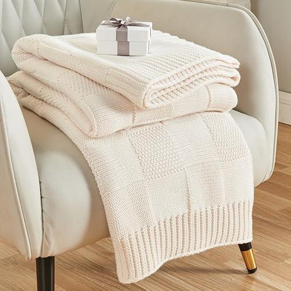 Cozecube Knit Throw Blanket White Checkered Throw Blanket For Couch Soft Cozy Warm Knitted Throw Blanket For Bed Sofa Decorati