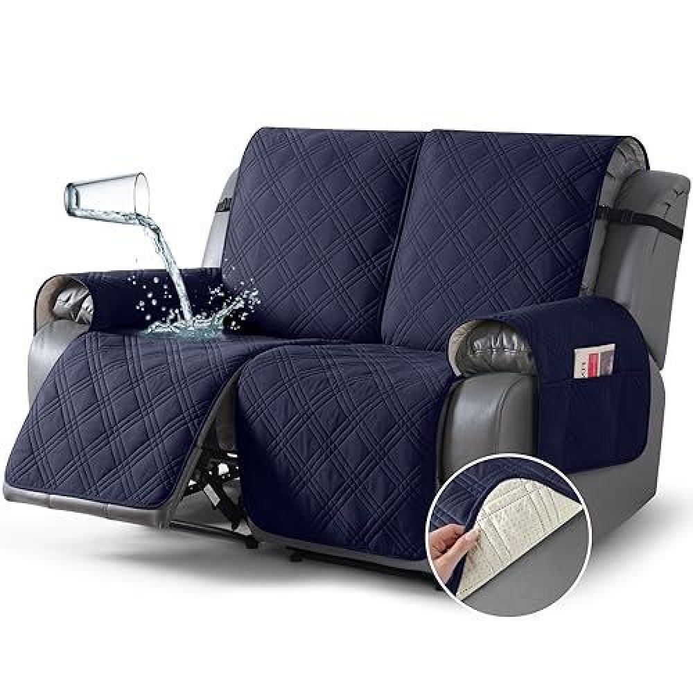 Taococo 100% Waterproof Loveseat Recliner Cover  Non Slip Split Loveseat Covers For Reclining Loveseat With Elastic Straps  Washable Recliner Chair/Furniture Protector For Pets(2 Seater  Navy Blue)