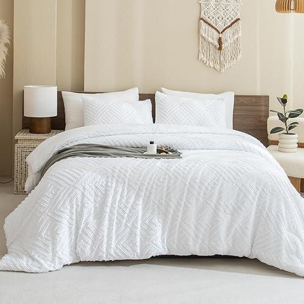 Andency White Comforter Full Size 3 Pieces Boho Lightweight Fluffy Bedding Comforter Set For Full Bed Tufted Farmhouse Design