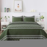 Andency Green Quilt Set Oversized King (118X120 Inch)  3 Pieces(1 Striped Triangle Printed Quilt And 2 Pillowcases)  Bohemian Summer Lightweight Reversible Microfiber Bedspread Coverlet