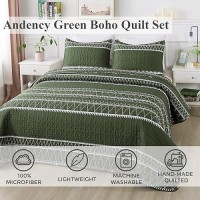 Andency Green Quilt Set Oversized King (118X120 Inch)  3 Pieces(1 Striped Triangle Printed Quilt And 2 Pillowcases)  Bohemian Summer Lightweight Reversible Microfiber Bedspread Coverlet