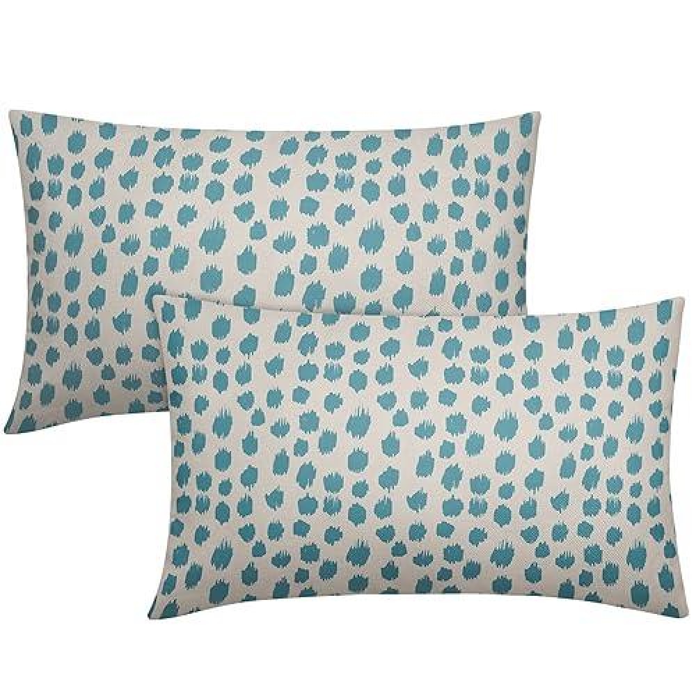 Aqua Cream Pillow Covers 12X20 Set Of 2 Boho Design Polka Dot Throw Pillows Modern Brush Strokes Print Decorative Outdoor Pillow