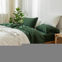 Moomee Bedding Sheet Set 100 Washed Cotton Linen Like Textured Breathable Durable Soft Comfy Forest Green Full