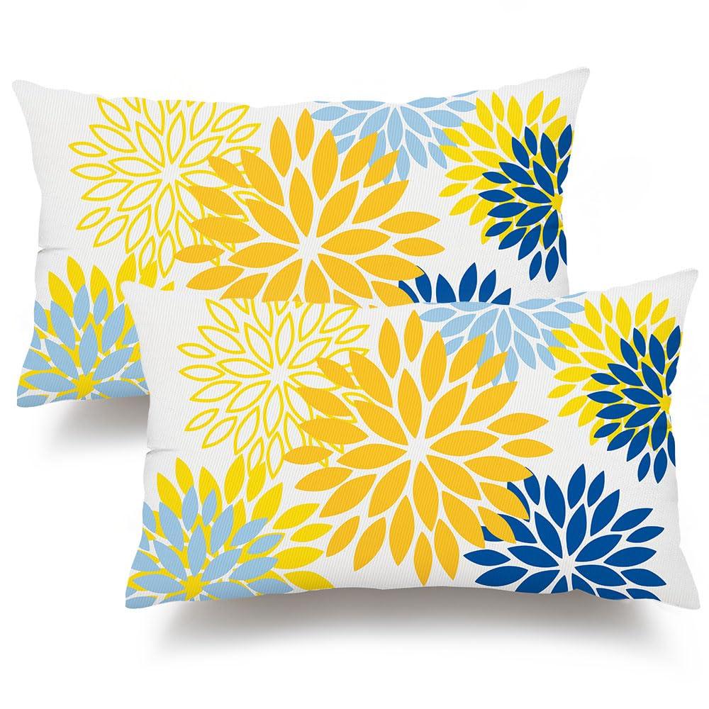 Dfxsz Yellow Blue Flower Pillow Covers 12X20 Inch Set Of 2 Outdoor Throw Pillows Outdoor Waterproof Decor For Living Room Sofa P