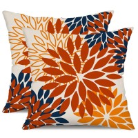 Dfxsz Orange Blue Flower Pillow Covers 18X18 Inch Set Of 2 Fall Throw Pillows Outdoor Waterproof Decor For Living Room Sofa Pati