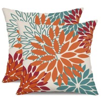 Dfxsz Orange Teal Red Flower Pillow Covers 18X18 Inch Set Of 2 Fall Throw Pillows Outdoor Waterproof Decor For Living Room Sofa