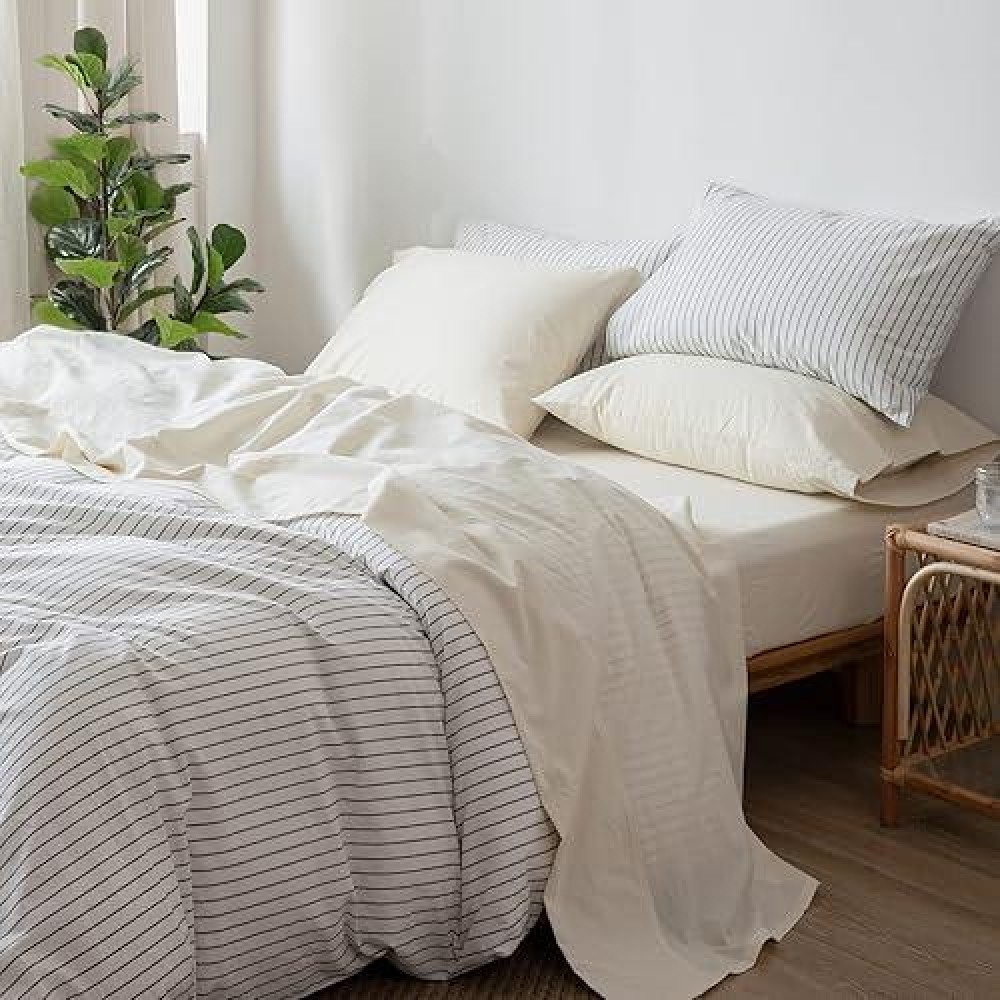 Moomee Bedding Sheet Set 100 Washed Cotton Linen Like Textured Breathable Durable Soft Comfy Cream White Twin