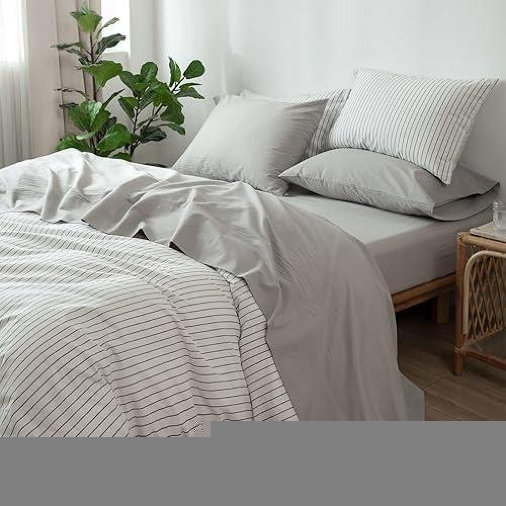 Moomee Bedding Sheet Set 100 Washed Cotton Linen Like Textured Breathable Durable Soft Comfy Pastel Grey Twin