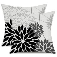 Black Grey Floral Pillow Covers 18X18 Set Of 2 Outdoor Waterproof White Colored Decorative Throw Pillows Summer Pillowcase Polye