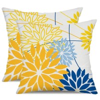 Yellow Blue Outdoor Pillow Cover 18X18 Inch Set Of 2 Outdoor Waterproof Summer Floral Yellow Decorative Pillow Case Decor For Co