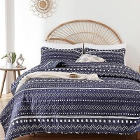 Janzaa Queen Size Quilt Boho Bedding Bedspreads Queen Size Navy Blue Quilt 3Pcs With 2 Pillow Cases Reversible Coverlet Bedding