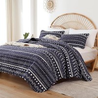 Janzaa Queen Size Quilt Boho Bedding Bedspreads Queen Size Navy Blue Quilt 3Pcs With 2 Pillow Cases Reversible Coverlet Bedding