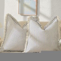 Zwjd Throw Pillow Covers 22X22 Set Of 2 Striped Pillow Covers With Fringe Chic Cotton Decorative Pillows Square Cushion Covers For Sofa Couch Bed Living Room Farmhouse Decor