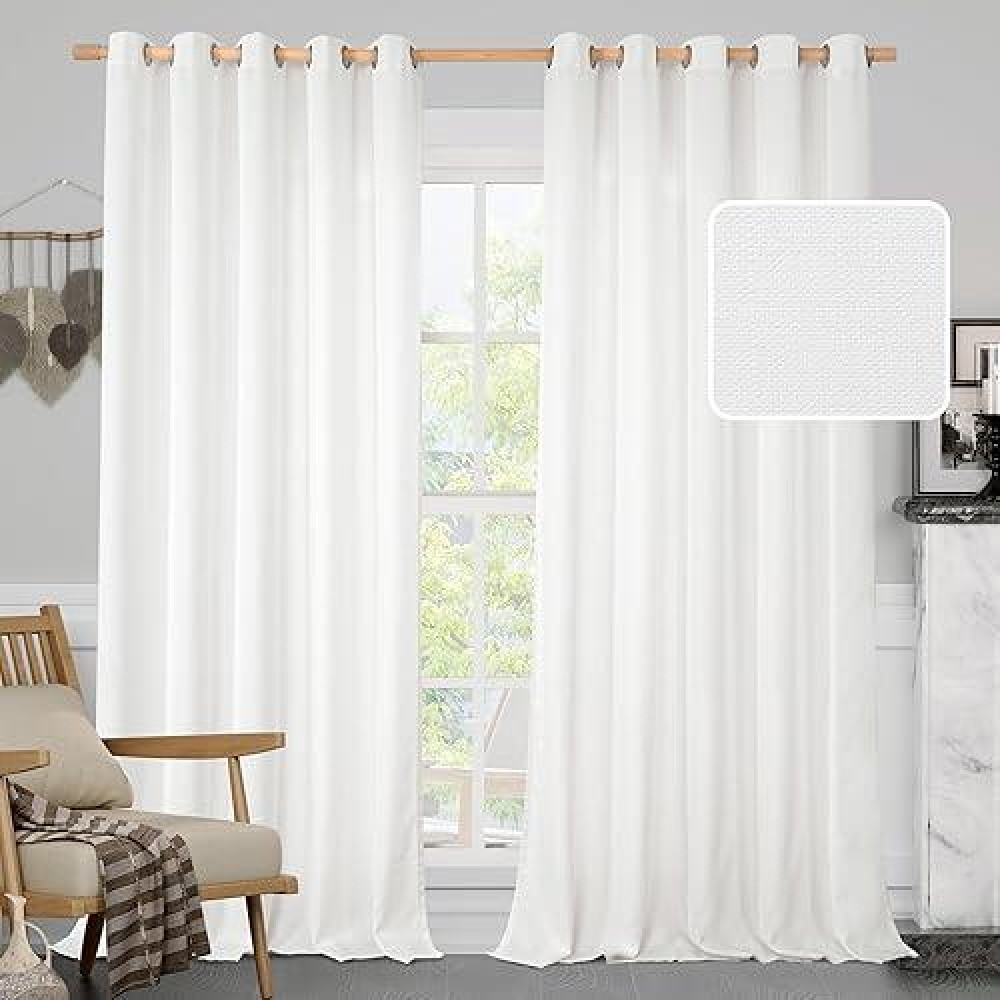 Lamit White Linen Curtains For Bedroom 84 Inch Natural Light Filtering Privacy Window Panels Grommet Faux Linen Textured Sheer