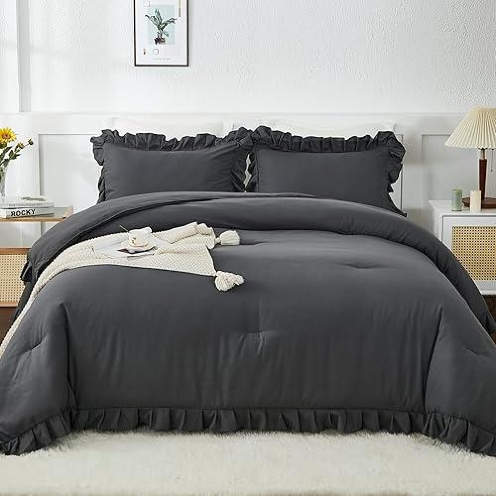 Andency California King Comforter Set Dark Gray 104X96Inch 3 Pieces Cal King Ruffle Comforter Oversized Farmhouse Shabby Chi