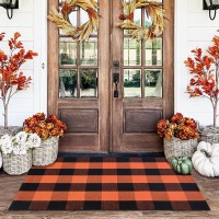 Orange And Black Plaid Rug 28 X 43 Fall Outdoor Front Door Decor Mat Cotton Washable Handwoven Rug For Layered Doormat A