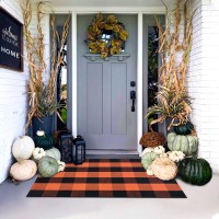 Orange And Black Plaid Rug 28 X 43 Fall Outdoor Front Door Decor Mat Cotton Washable Handwoven Rug For Layered Doormat A