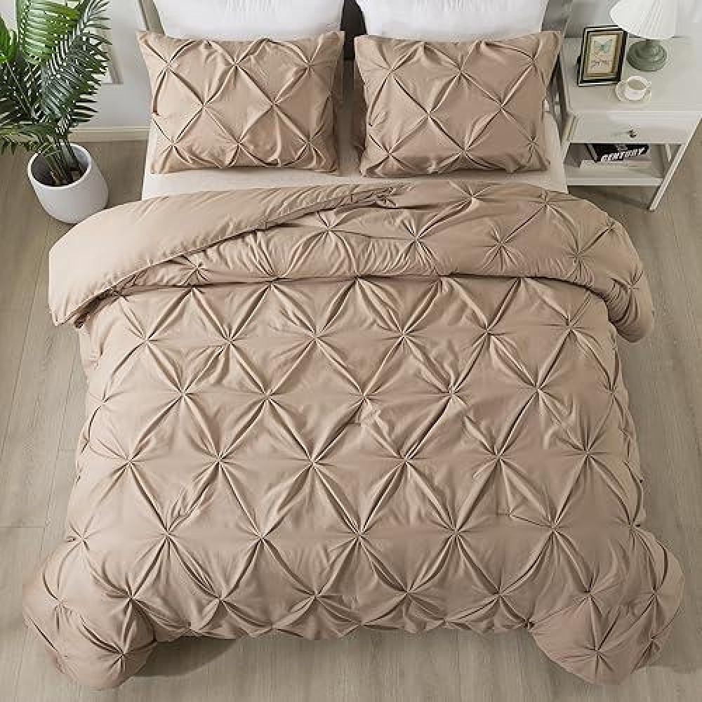 Andency Taupe Comforter Set King 3 Pieces Stylish Pinch Pleat Bedding Comforters Sets Lightweight Soft Boho Bed Set For Adul