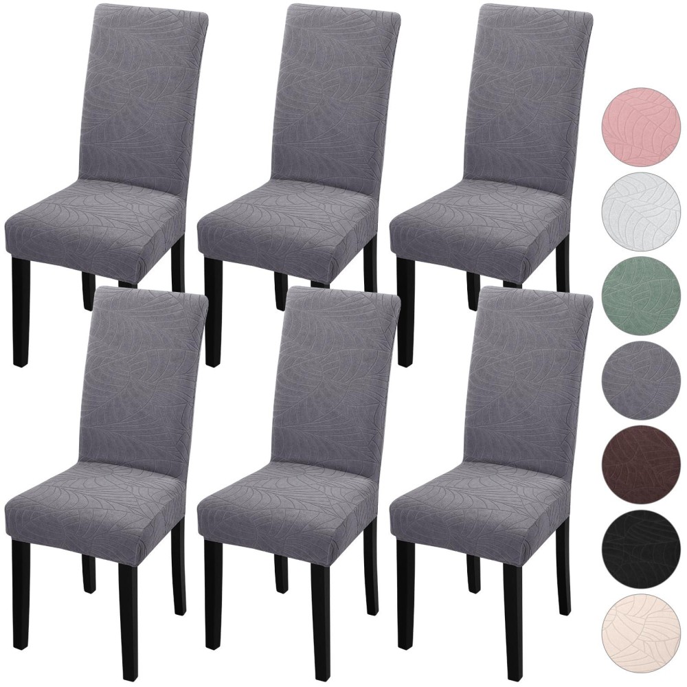 Yisun Dining Chair Covers Set Of 6, Stretch Jacquard Chair Covers Parsons Chair Covers Removable Washable Chair Slipcover Protector For Dining Room, Kitchen, Ceremony (Leaves-Dark Gray)