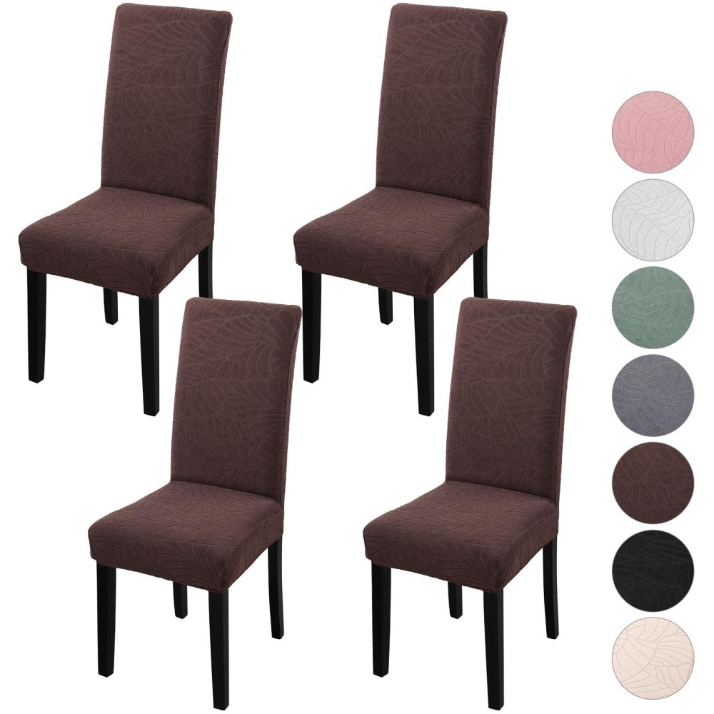 Yisun Dining Chair Covers Set Of 4, Stretch Jacquard Chair Covers Parsons Chair Covers Removable Washable Chair Slipcover Protector For Dining Room, Kitchen, Ceremony (Leaves-Chocolate)