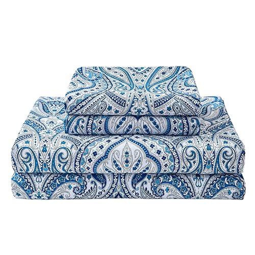 Blue Paisley Printed Bed Sheets Queen Size  Floral Sheet Set Queen  Brushed Microfiber Fitted Sheet With 15