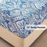 Blue Paisley Printed Bed Sheets Queen Size  Floral Sheet Set Queen  Brushed Microfiber Fitted Sheet With 15