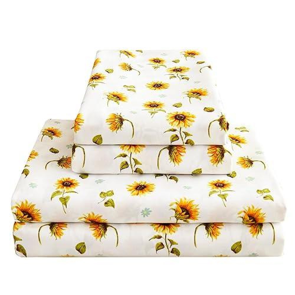 Floral Sheet Set Queen Sunflower Printed Bed Sheets Queen Brushed Microfiber Fitted Sheet With 15 Deep Pocket Yellow Flower