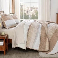 Andency Taupe Striped Quilt Set Cal King(104X112Inch)  3 Pieces (1 Quilt And 2 Pillowcases) Patchwork Bedspread Coverlet Set  Soft Lightweight Quilted Bedding Set