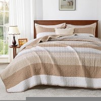 Andency Taupe Striped Quilt Queen(90X96Inch)  3 Pieces (1 Striped Quilt And 2 Pillowcases) Patchwork Bedspread Coverlet Set  Soft Microfiber Lightweight Quilted Bedding Set