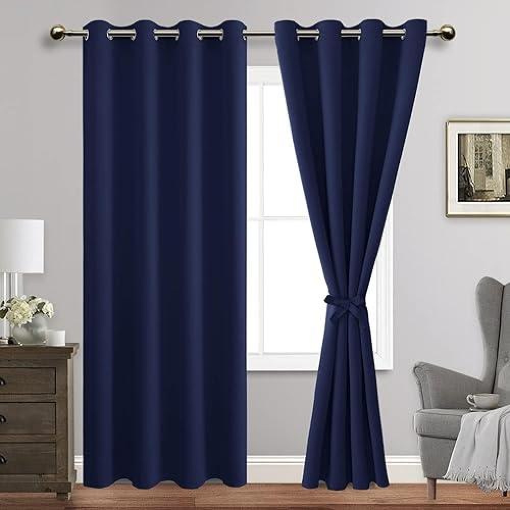 Jiuzhen Navy Blue Blackout Curtains With Tiebacks Thermal Insulated Light Blocking And Noise Reducing Grommet Curtains For Bedr