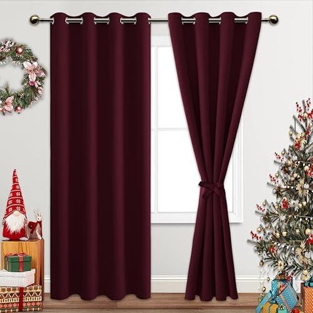 Jiuzhen Burgundy Blackout Curtains With Tiebacks Thermal Insulated Light Blocking And Noise Reducing Grommet Curtains For Bedro