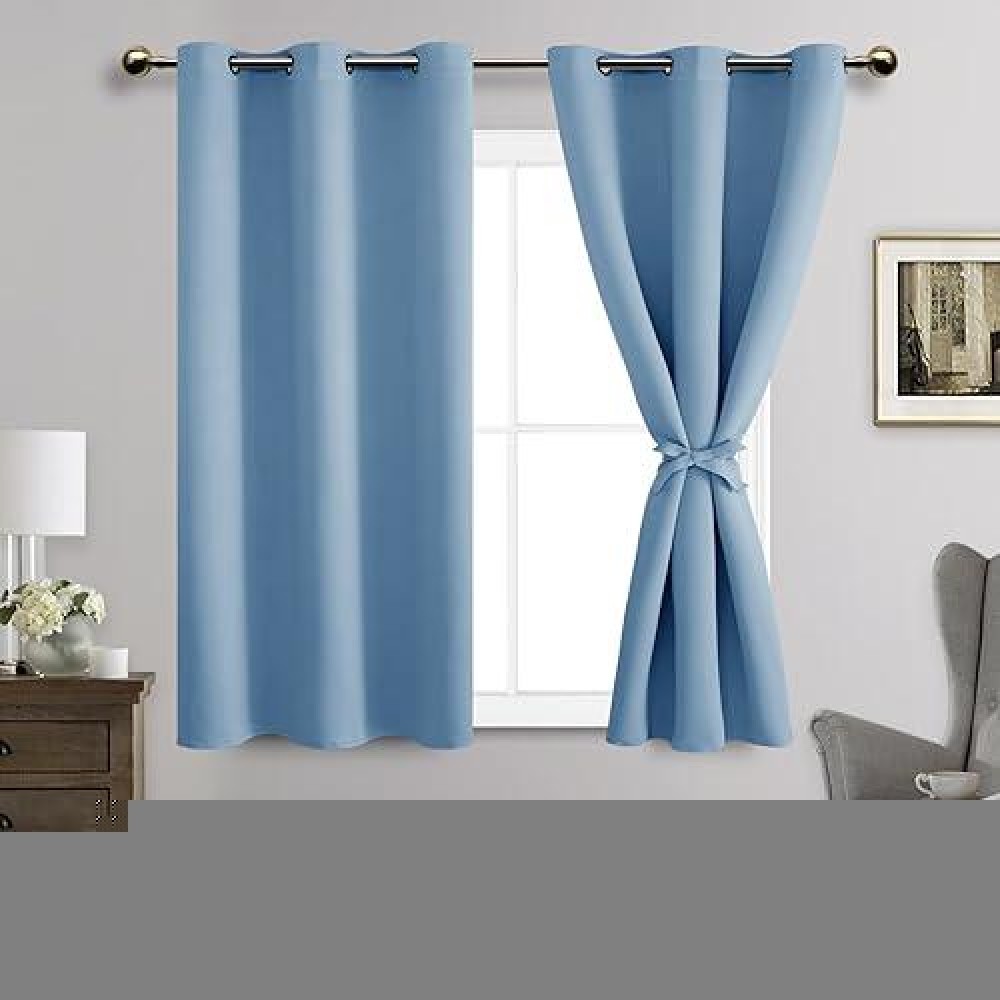 Jiuzhen Light Blue Blackout Curtains With Tiebacks Thermal Insulated Light Blocking And Noise Reducing Grommet Curtains For And