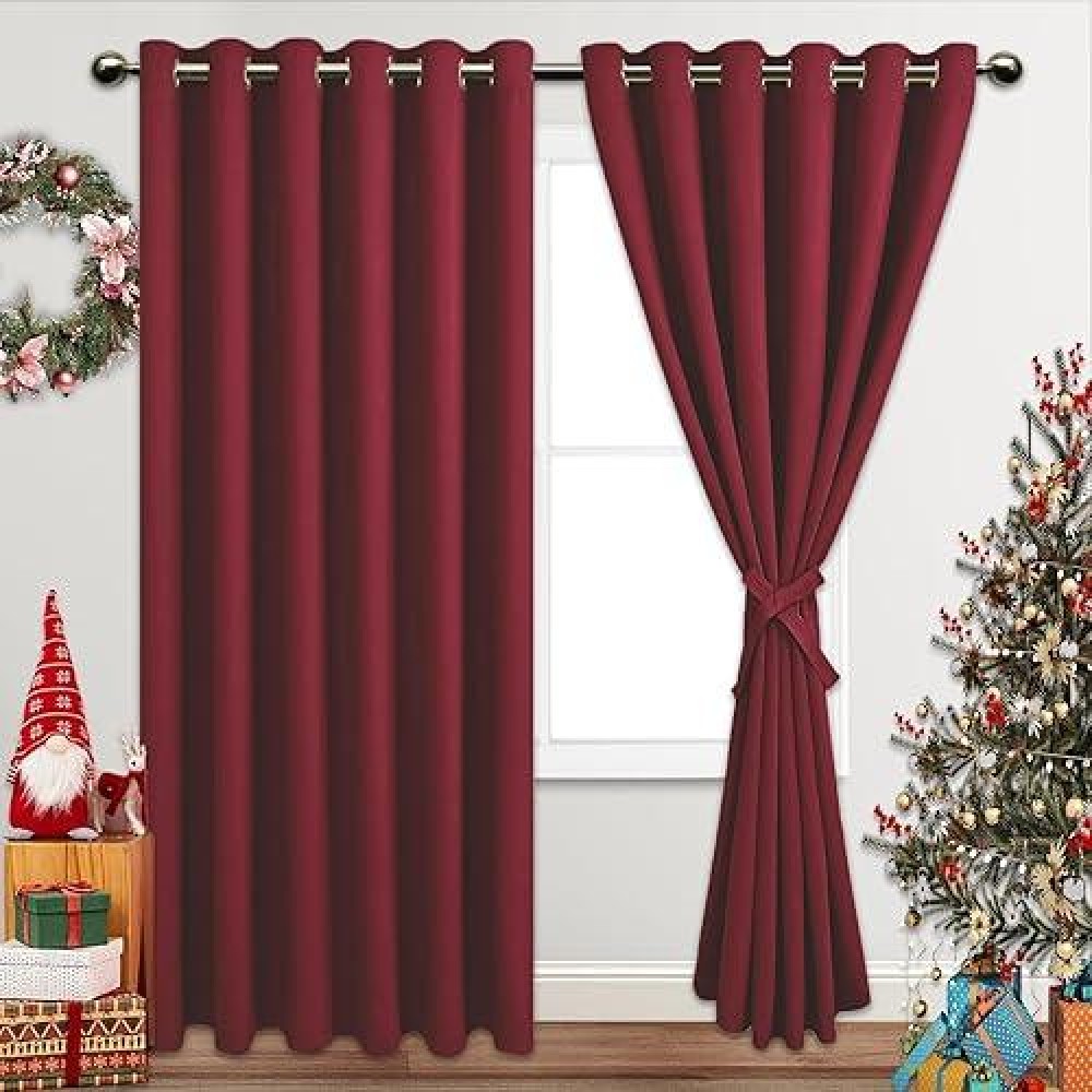 Jiuzhen Red Blackout Curtains With Tiebacks Thermal Insulated Light Blocking And Noise Reducing Grommet Curtains For Bedroom